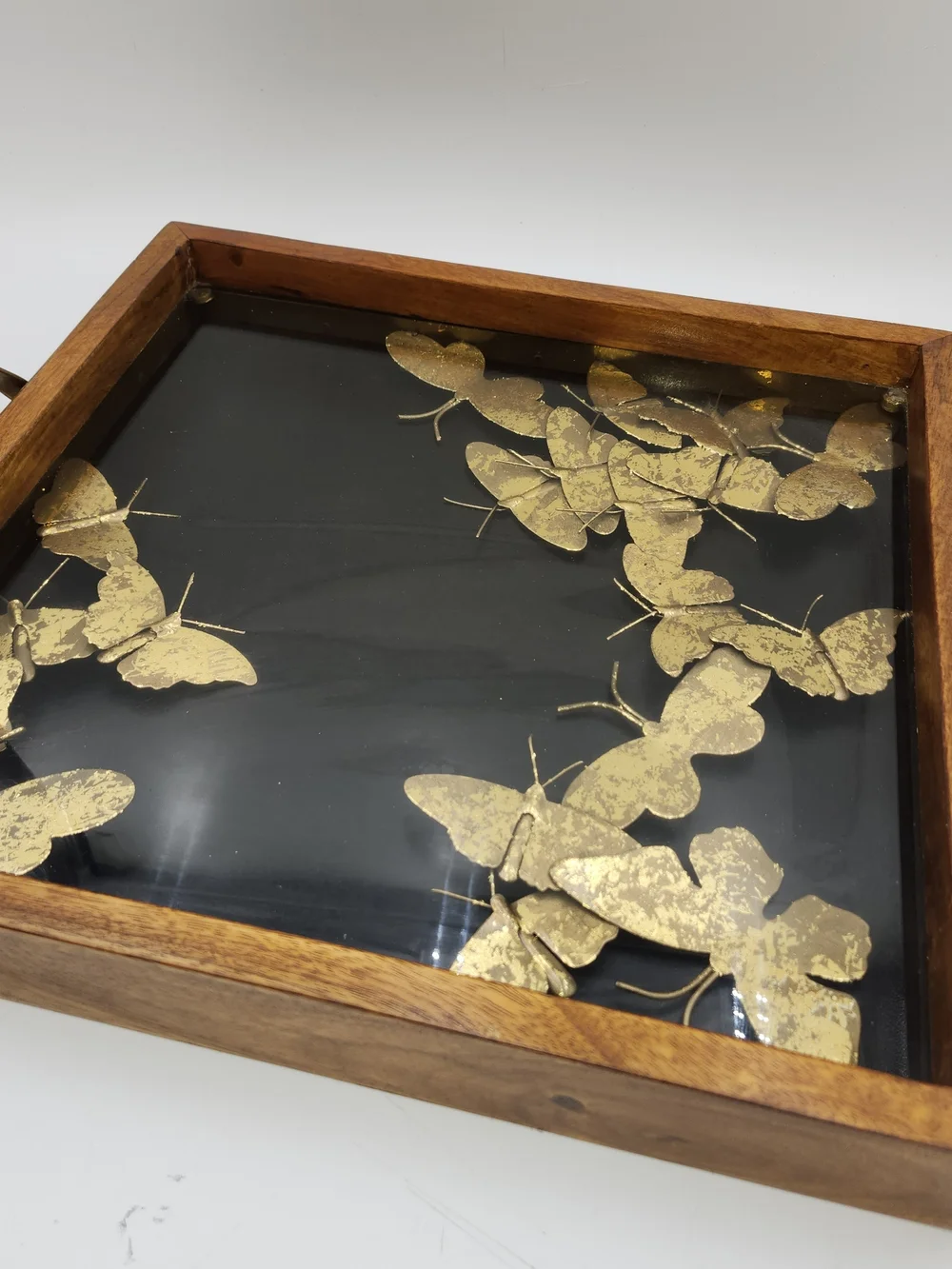 Peir 1 Vintage Gold Butterfly Serving Tray Glass Top Wood Frame Brass Handles